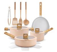NutriChef 14-Piece Non-Stick Ceramic Cookware Set - Induction Safe Pots and Pans with Glass Lids, Cool-Touch Handles, Even Heat Distribution, Dishwasher Safe, Includes Ladle, Tong, Spatula (Pink)