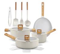 NutriChef 14-Piece Non-Stick Ceramic Cookware Set - Induction Safe Pots and Pans with Glass Lids, Cool-Touch Handles, Even Heat Distribution, Dishwasher Safe, Includes Ladle, Tongs, Spatula, White