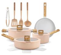 NutriChef 14-Piece Non-Stick Ceramic Cookware Set - Induction Safe Pots and Pans with Glass Lids, Cool-Touch Handles, Even Heat Distribution, Dishwasher Safe, Includes Ladle, Tong, Spatula (Pink)