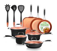 NutriChef 14-Piece Non-Stick Pots & Pans Set - Multi-Sized Cooking Pots with Lids, Small and Medium Frying Pans with Slotted Spatula, Pasta Server, Soup Ladle, Silicone Handles (Copper Color)