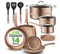 NutriChef 14-Piece Nonstick Brown Cookware Set - Scratch-Resistant Kitchen Pots and Pans with Lids & Utensils, for All Cooktops (Brown)