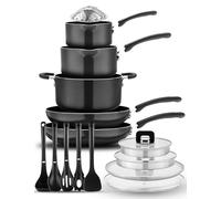 NutriChef 17pcs Stackable Pots and Pan, Stainless Steel Set Nonstick, Induction Cookware with Foldable Knob, Space Saving, Nylon Tools, Black, One Size