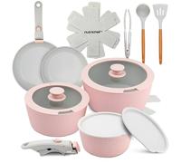 NutriChef 18-Piece Ceramic Cookware Set with Detachable Handles, Non Stick Pots and Pans, PTFE-Free Natural Ceramic Coating, Space-Saving Design, Oven & Stove Safe, Includes Utensils, Pink