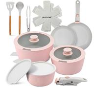 NutriChef 18-Piece Ceramic Cookware Set with Detachable Handles, Space-Saving Nonstick Pots, Pans & Lids, Oven-Safe Bowls, Stackable Storage, Includes Cooking Utensils & Accessories (Pink)