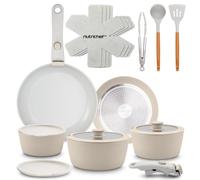 NutriChef 18-Piece Ceramic Cream Pot Set with Removable Handles, Induction Pot and Pan Set, Non-Stick Space-Saving, Stackable, Oven-Safe, All Hob Types