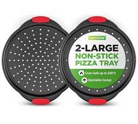 NutriChef 2-Pc. Non Stick Pizza Tray - with Silicone Handle, Round Steel Non-Stick Pan with Perforated Holes, Dishwasher Safe, Pizza Tray with Silicone and Oversized Handle, PFOA, PFOS, PTFE Free