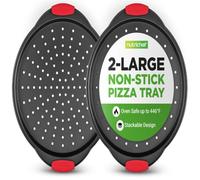 NutriChef 2-Pc. Non Stick Pizza Tray - with Silicone Handle, Round Steel Non-Stick Pan with Perforated Holes, Dishwasher Safe, Pizza Tray with Silicone and Oversized Handle, PFOA, PFOS, PTFE Free