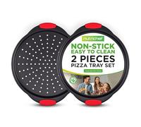 NutriChef 2-Pc. Non Stick Pizza Tray - with Silicone Handle, Round Steel Non-Stick Pan with Perforated Holes, Dishwasher Safe, Pizza Tray with Silicone and Oversized Handle, PFOA, PFOS, PTFE Free