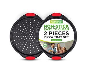 NutriChef 2-Pc. Non Stick Pizza Tray - with Silicone Handle, Round Steel Non-Stick Pan with Perforated Holes, Dishwasher Safe, Pizza Tray with Silicone and Oversized Handle, PFOA, PFOS, PTFE Free