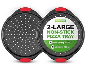 NutriChef 2-Pc. Non Stick Pizza Tray - with Silicone Handle, Round Steel Non-Stick Pan with Perforated Holes, Dishwasher Safe, Pizza Tray with Silicone and Oversized Handle, PFOA, PFOS, PTFE Free