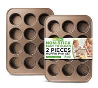 NutriChef 2-Piece Nonstick Muffin Tray Set, 24 Cups Nonstick Carbon Steel Cupcake Pans, 39 x 28cm Baking Tray Set, Easy to Clean, Gold