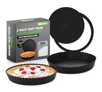 Nutrichef 2-Piece Nonstick Round Tart Baking Pans - Heavy Duty Carbon Steel, Tart Baking Trays with Removable Base, Even Heat Distribution - Includes 100pcs Parchment Paper, 9.4” Inch (Black)