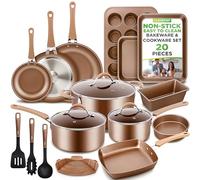NutriChef 20 Piece Pots and Pans Set, Bakeware and Cookware Set, Induction Hob Pots Set w/Lids, Non Stick Set, Heat Safe Silicone Handles, Saucepan, Frying Pans, Muffin Tin/Cookie Tray, Utensil- Gold