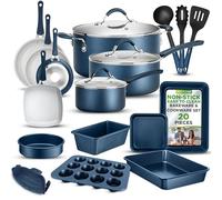 Nutrichef 20 Piece Pots and Pans Set, Bakeware and Cookware Set, Induction Hob Pots Set w/Lids, Non Stick Set, Heat Safe Silicone Handles, Saucepan, Frying Pans, Muffin Tin, Cookie Tray, Utensil-Navy
