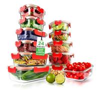 Nutrichef 24-Piece Glass Food Storage Containers - Stackable Superior Glass Meal-prep Containers w/Newly Innovated Hinged BPA-Free 100% Leakproof Locking Lids - Freezer-to-Oven-Safe NCGLRED (Red)