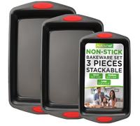 NutriChef 3-Piece Baking Pan Set - PFOA, PFOS, PTFE Free Flexible Nonstick Black Coating Carbon Steel Bakeware - Professional Home Kitchen Bake Cookie Sheet Stackable Tray w/Red Silicone Handles