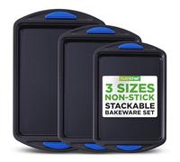 NutriChef 3-Piece Nonstick Cookie Sheet Tray Set - Baking Pans with Blue Silicone Handles, Stackable Design, Easy to Clean, Small, Medium, Large Carbon Steel Cookie Pans, Oven Safe to 446°F