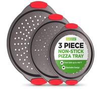 NutriChef 3-Piece Pizza Tray Set with Silicone Handles - Round Nonstick Pizza Pan with Perforated Holes, Durable Carbon Steel, Small, Medium, Large Sizes - Ideal for Crispy, Evenly Baked Pizzas (Gray)