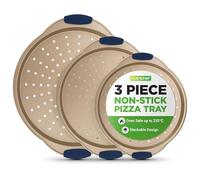 NutriChef 3-Piece Pizza Tray Set with Silicone Handles - Round Nonstick Pizza Pan with Perforated Holes, Durable Carbon Steel, Small, Medium, Large Sizes - Ideal for Crispy, Evenly Baked Pizzas (Gold)