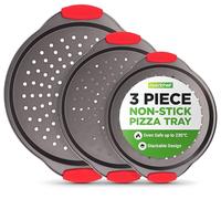 NutriChef 3-Piece Pizza Tray Set with Silicone Handles - Round Nonstick Pizza Pan with Perforated Holes, Durable Carbon Steel, Small, Medium, Large Sizes - Ideal for Crispy, Evenly Baked Pizzas (Gray)