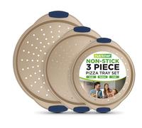 NutriChef 3-Piece Pizza Tray Set with Silicone Handles - Round Nonstick Pizza Pan with Perforated Holes, Durable Carbon Steel, Small, Medium, Large Sizes - Ideal for Crispy, Evenly Baked Pizzas (Gold)