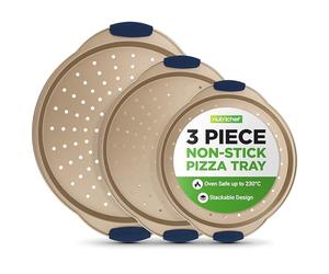 NutriChef 3-Piece Pizza Tray Set with Silicone Handles - Round Nonstick Pizza Pan with Perforated Holes, Durable Carbon Steel, Small, Medium, Large Sizes - Ideal for Crispy, Evenly Baked Pizzas (Gold)