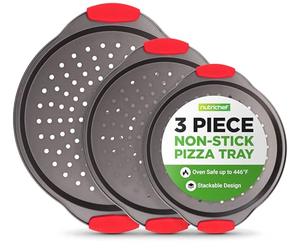 NutriChef 3-Piece Pizza Tray Set with Silicone Handles - Round Nonstick Pizza Pan with Perforated Holes, Durable Carbon Steel, Small, Medium, Large Sizes - Ideal for Crispy, Evenly Baked Pizzas (Gray)