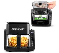 NutriChef 4 QT Air Fryer & Grill | 7-1 Preset Cook Modes | Transparent Fry Bowl for Best Cooking Results | Cook Shrimp, Steak, Fries, Wings & More | 4 QT Glass Air Fryer & 1.2 QT Grill | Black