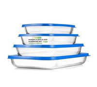 NutriChef 4 Sets Glass Bakeware - High Borosilicate Rectangular Glass Baking Dish w/Blue BPA-Free PE Lids, Freezer-to-Oven Home Kitchen Bake Casserole Food Storage Stackable Tray Pan, Dishwasher Safe