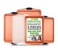 5 Piece Baking Pan Set - PFOA, PFOS, PTFE Free Flexible Nonstick Carbon Steel Bakeware Set - Home Kitchen Bake Pan Cookie Sheet Stackable Baking Tray Set w/Red Silicone Handles