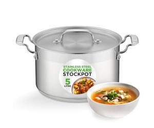 NutriChef 5-Quart Stainless Steel Stockpot - 18/8 Food Grade Heavy Duty Large Stock Pot for Stew, Simmering, Soup, Includes Lid, Dishwasher Safe, Works w/Gas, Induction, Ceramic & Halogen Cooktops