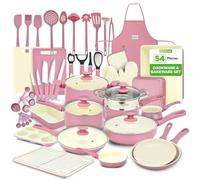 NutriChef 54-Piece Kitchen Cookware Set - Complete Non-Stick Ceramic Pots and Pans Set with Utensils, Bakeware, and Knife Set, Gas, Electric & Induction Compatible, Blush Pink Kitchen Essentials