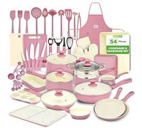 NutriChef 54-Piece Kitchen Cookware Set - Complete Non-Stick Ceramic Pots and Pans Set with Utensils, Bakeware, and Knife Set, Gas, Electric & Induction Compatible, Blush Pink Kitchen Essentials