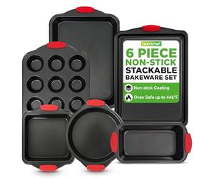NutriChef 6-Piece Non-Stick Baking Tray Set, Oven Bakeware w/Red Handles | Set includes cookie sheet, loaf pan, muffin tin, and cake pan | Sl lack finish for a polished, matching kitchen look