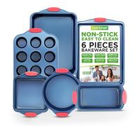 NutriChef 6-Piece Bakeware Set - Nonstick Carbon Steel Baking Pans with Red Silicone Handles, Blue Coating, Durable & Stain-Resistant, Perfect for Baking Cakes, Muffins, Cookies (Blue)