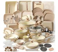NutriChef 75-Piece Non-Stick Pots and Pans Set, Complete Ceramic Cookware Set with Bakeware, Utensils, Knife Set, & Accessories, Stain-Resistant, Food-Grade Safe, Cream/Brown