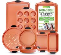 8 Piece Baking Pan Set - PFOA, PFOS, PTFE Free Flexible Nonstick Carbon Steel Bakeware Set - Home Kitchen Bake Pan Cookie Sheet Stackable Baking Tray Set w/Black Silicone Handles