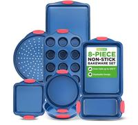 NutriChef 8-Piece Non-Stick Baking Tray Set, Oven-Safe Bakeware Trays with Cookie Sheet, Loaf Pan, Pizza Pan, Muffin Tin, Cake Tin, Durable Carbon Steel Baking Set with Red Silicone Handles - Blue