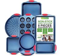 NutriChef Baking Tray Set, Oven Bakeware Trays, 8 Piece Non-Stick Oven Safe - Baking Sets, Includes: Cookie Sheets Pan, Loaf Pan, Pizza Pan, Muffin Tins, Cake Tin, Blue w/ Red Silicone Handles