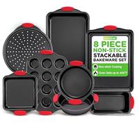 NutriChef 8-Piece Non-Stick Baking Tray Set, Stackable Oven-Safe Bakeware, Cookie Sheet, Loaf, Pizza, Muffin, Cake, Round & Square Pans, Non-Stick Trays with Red Silicone Handles