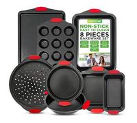 NutriChef Baking Tray Set, Stackable Bakeware Trays, 8 Piece Non-Stick Oven Safe - Baking Sets, Includes: Cookie Sheets Pan, Loaf Pan, Pizza Pan, Muffin Tins, Cake Tin, Black w/ Red Silicone Handles