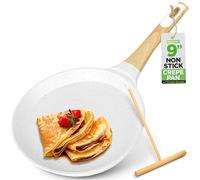 Nutrichef 9.45” Non-Stick Crepe Pan with Wooden Spreader, Durable Marble Coated Dosa Pan, Bakelite Handle and Induction Bottom, PFOA/PFOS Free, Dishwasher Safe, Even Heat Distribution (White Cream)