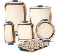 NutriChef, Bakeware Set - Baking Pans, Nonstick Cookie Sheet Pans, Kitchen Oven Trays, Includes: Cookie Sheets, Roasting Pan, Loaf Pan, Muffin Tin, Square Cake Pan, Heat-Safe Handles - Gold, 6 pc