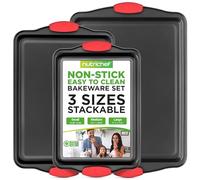 NutriChef NCSBS3S Non-Stick Kitchen Oven Baking Pans-Deluxe Nonstick Gray Coating Inside & Outside Carbon Steel Bakeware Set with Red Silicone Handles (3-Pieces), 4.5 liters, Black
