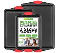 NutriChef Baking Tray Set 3 Piece Non Stick Baking Trays for Oven Carbon Steel Baking Sheets Small Medium Large Oven Trays with Silicone Handles Stackable Bakeware for Cookies Cakes Roasting