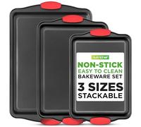 NutriChef Baking Tray Set 3 Piece Non Stick Baking Trays for Oven Carbon Steel Baking Sheets Small Medium Large Oven Trays with Silicone Handles Stackable Bakeware for Cookies Cakes Roasting