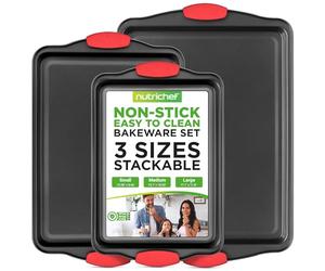 NutriChef Baking Tray Set 3 Piece Non Stick Baking Trays for Oven Carbon Steel Baking Sheets Small Medium Large Oven Trays with Silicone Handles Stackable Bakeware for Cookies Cakes Roasting