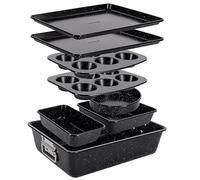 NutriChef 8-Piece Stackable Bakeware Set - Carbon Steel Non-Stick Baking Pan Set, Sheet, Muffin, Round, Loaf, Square Cake & Deep Pans, 450°F Heat Resistant, Standard & Convection Ovens (Black Marble)