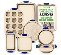 NutriChef Baking Tray Set, Stackable Bakeware Trays, 8 Piece Non-Stick Oven Baking Tin Sets, Includes: Cookie Sheets- Baking Pan, Roasting Pan, Square Loaf Pan, Pizza Pan, Muffin Pan, Cake Tin, Gold