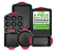 NutriChef Baking Trays Sets for Oven Non Stick, 6 Piece Oven Tray Set, Includes Bakeware Cookie Sheets Pan, Loaf Pan, Muffin Tins, Cake Tin, Black w/Red Silicone Handles
